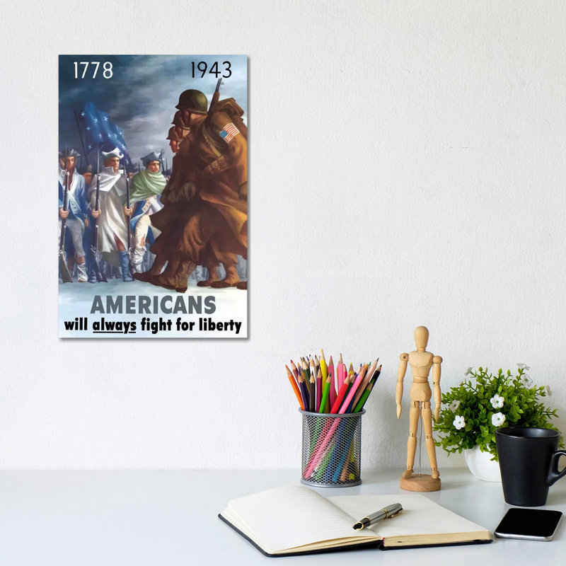 War Poster Of American Infantryman Marching Past Minutemen by Stocktrek Images - Wrapped Canvas Print