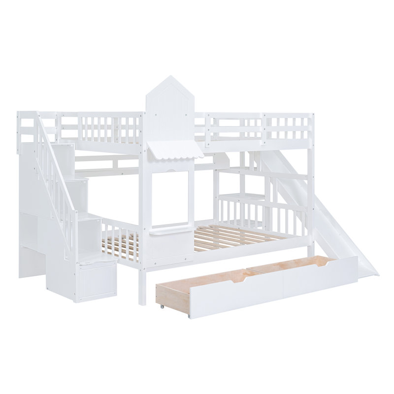 White Full-Over-Full Castle Bunk Bed with Slide, 2 Drawers, 3 Shelves, Solid Wood, Full Over Full, White