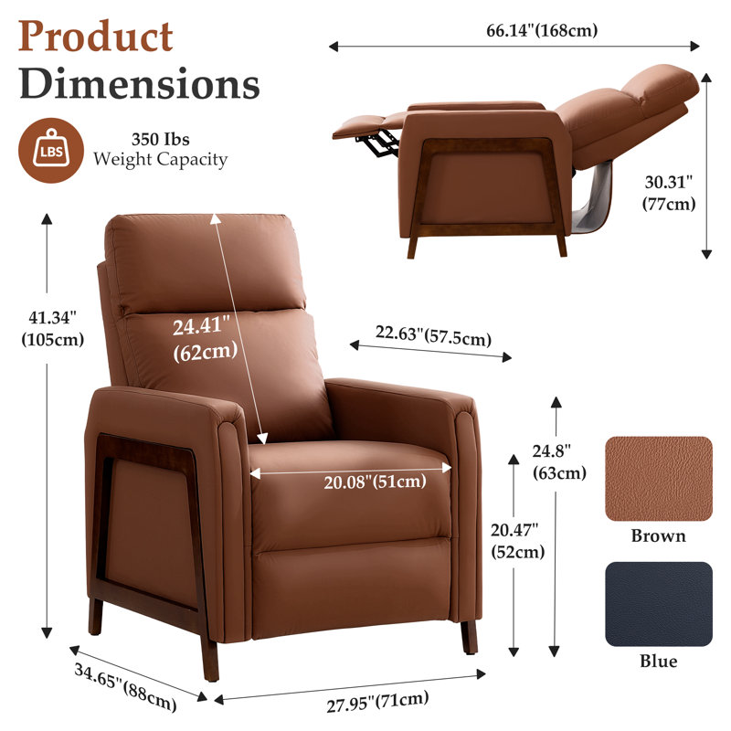27.9" W Mid-Century Modern Recliner Chair in Faux Leather with Footrest, Camel