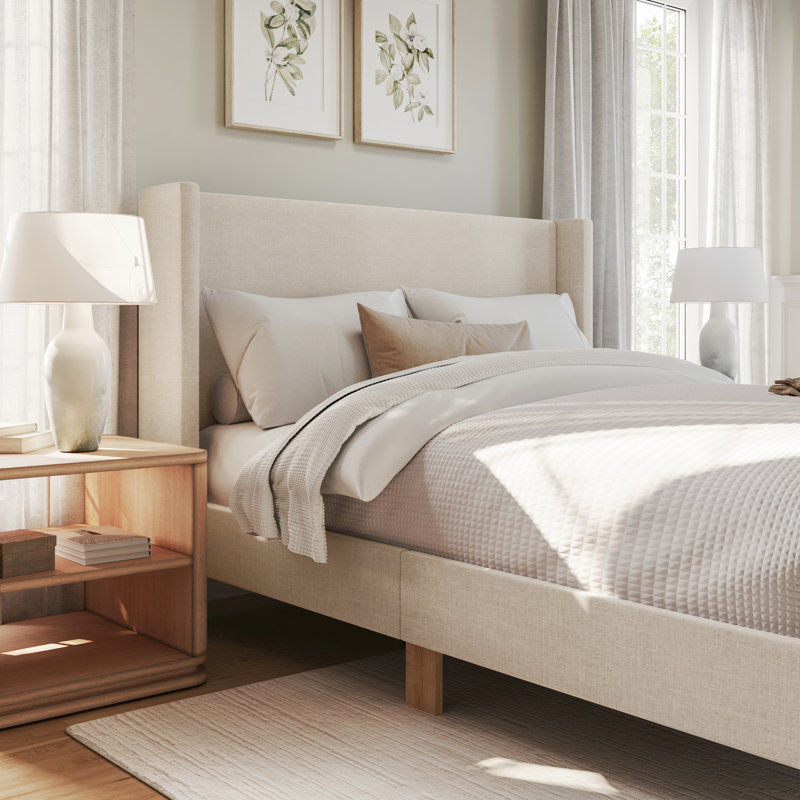 Martha Stewart Maisie Upholstered Platform Bed With Wingback Headboard, Beige, Queen