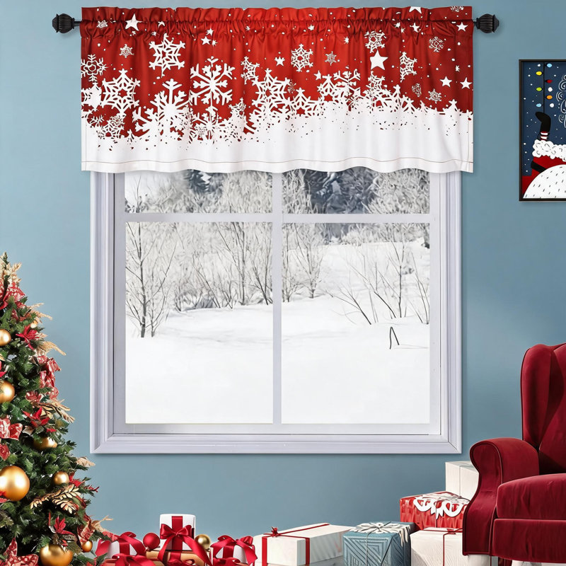 Cantonnière de cuisine de Noël – Rideaux courts en velours, motif flocons de neige et étoiles, 132 cm x 38 cm, rouge, isolant thermique et occultant pour la décoration des fêtes