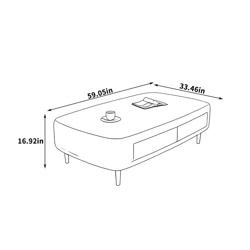 Table basse à dessus en pierre avec coins arrondis, H 16,92 po x L 59,05 po x l 33,46 po, Blanc