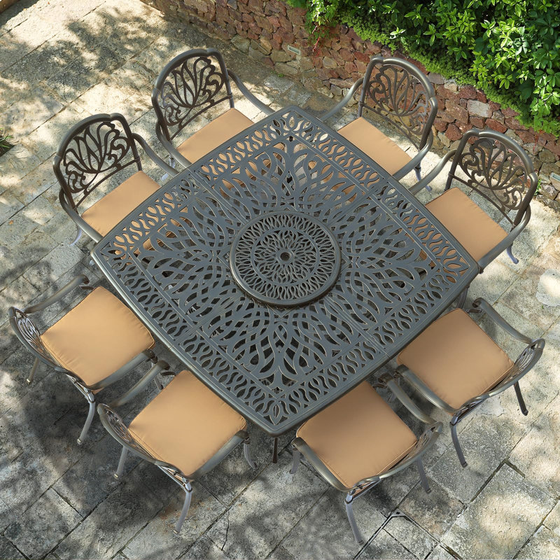 World Menagerie Outdoor 63.98" Patio Dining Table For 8 Person, Large Patio Square Dining Table With 23.98" Lazy Susan, Dark Bronze Cast Aluminum Rustic Patio Table W/umbrella Hole For Balcony, Porch And Deck