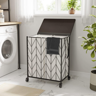 Laundry Basket with Wheels, Heavy Duty Laundry Hamper with Wood Lid, Clothes Hamper with Divided Removable Liner Bag, Made Laundry Sorter Laundry Room Organization (Beige)