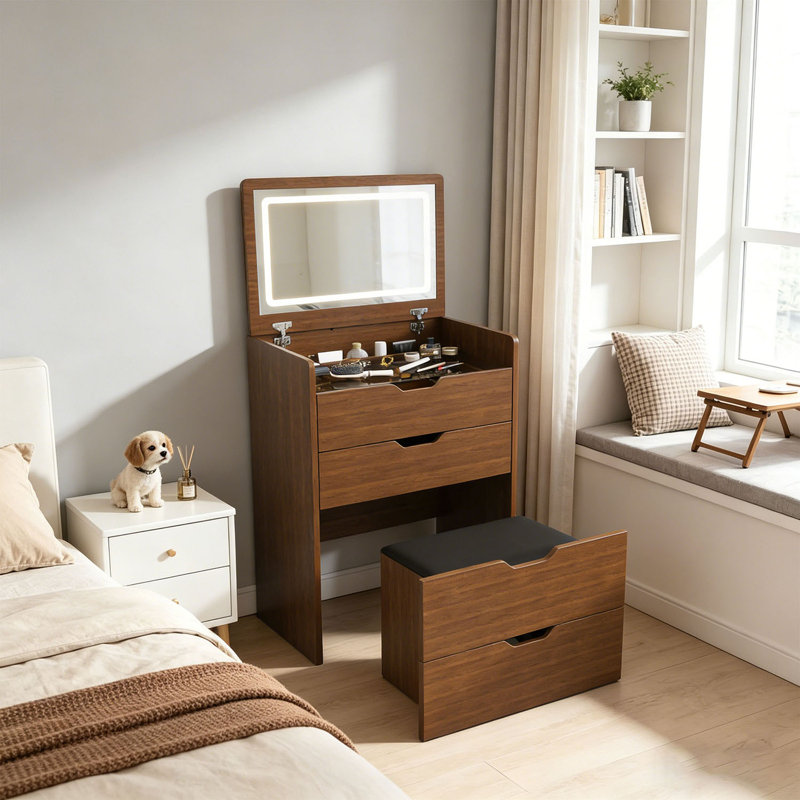 Meuble-lavabo de 23,62 po de largeur avec tabouret de rangement, miroir éclairé et 3 tiroirs, Brown/Black