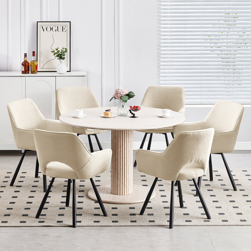 360° Swivel Dining Chair, Comfort Upholstered Seat with Armrests and Metal Legs, Beige, 6