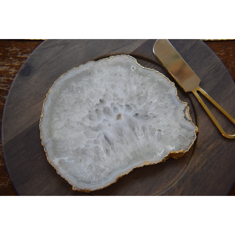 Trivet à quartz nuageuse naturel avec bordure dorée
