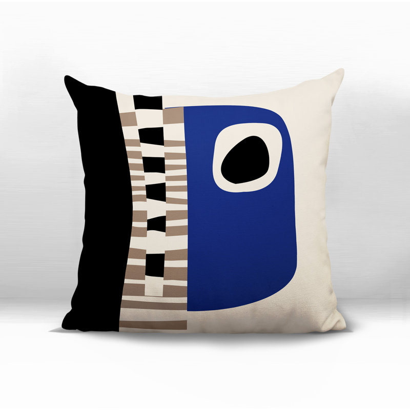 Oreiller carré réversible intérieur / extérieur Rikka, Bleu marine / noir / blanc cassé abstrait, H 15 po x l 15 po