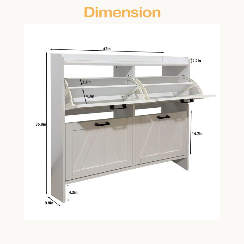Modern Fence Shoe Cabinet With 4 Flip Drawers, Sleek Space-Saving Entryway Organizer For Living Room, White