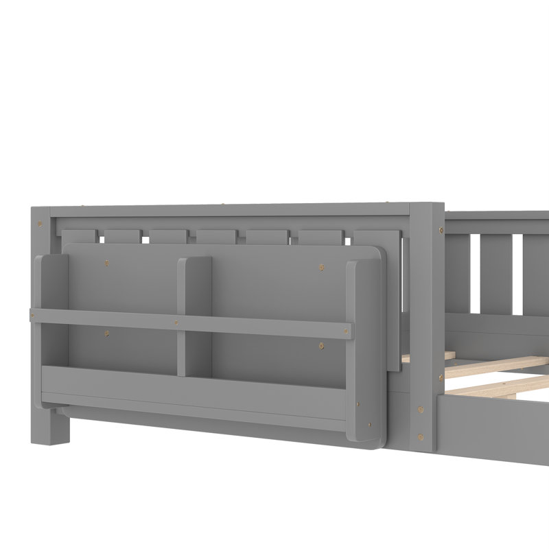 Queen bed with built-in bookshelf and high-quality safety guardrail,Gray, Gray, Queen