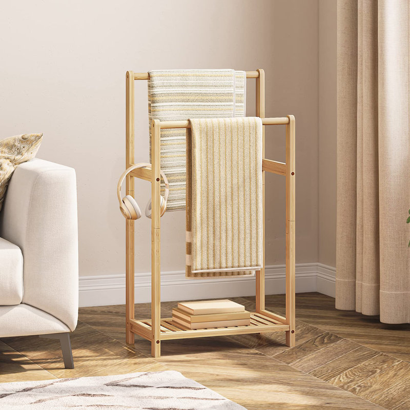 Double porte-serviettes de salle de bain autoportant en bambou, Naturel