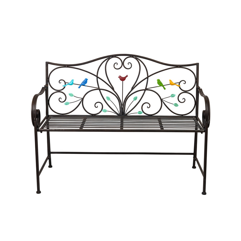 48" Black Iron Outdoor Bench with Colorful Bird Art