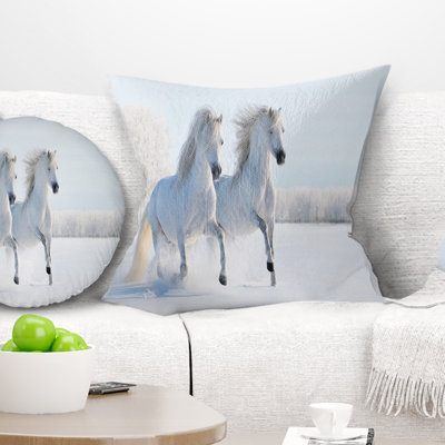 Deux poneys blancs au galop - coussin imprimé animal