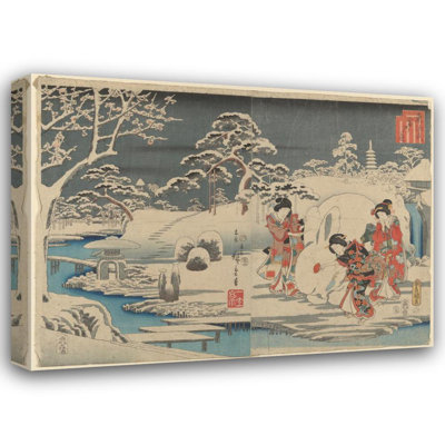 "Three Women Making a Snow Rabbit in a Garden" by  Ando Hiroshige - Gallery Wrap Canvas Wall Art