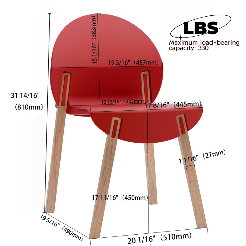 Ensemble de 4 chaises avec pieds en bois de chêne rouge et siège en polypropylène, Rouge