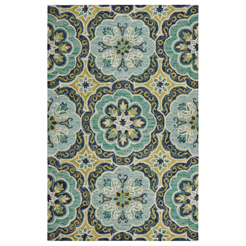 Cementon Handmade Green Floral 100% Wool Tufted Area Rug, Rectangle 5' x 7'9"