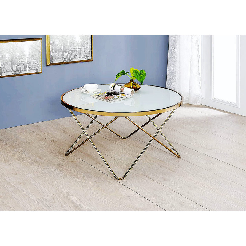 Table basse élégante en forme de V à croisement avec plateau en verre, H 18 po x L 34 po x l 34 po, Marbre