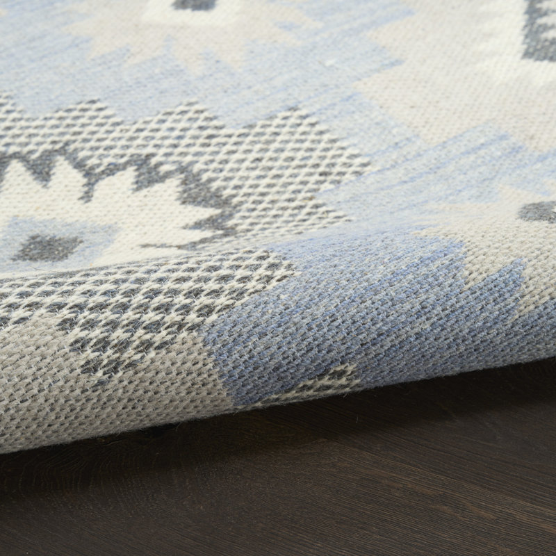 Marther Flatwoven Wool Ivory Blue Modern Indoor Rug, Rectangle 5' x 7'