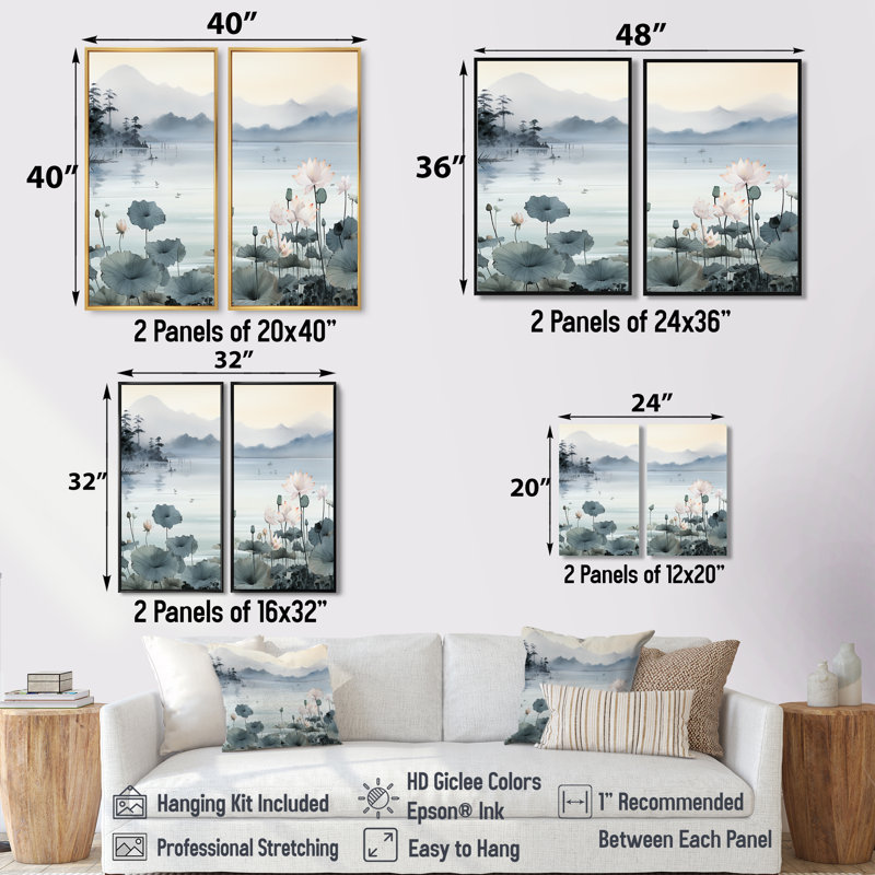 «Asian Art Ink Lake I», art mural asiatique, Noir, H 36 po x l 48 po, Reproduction encadrée sans passe-partout