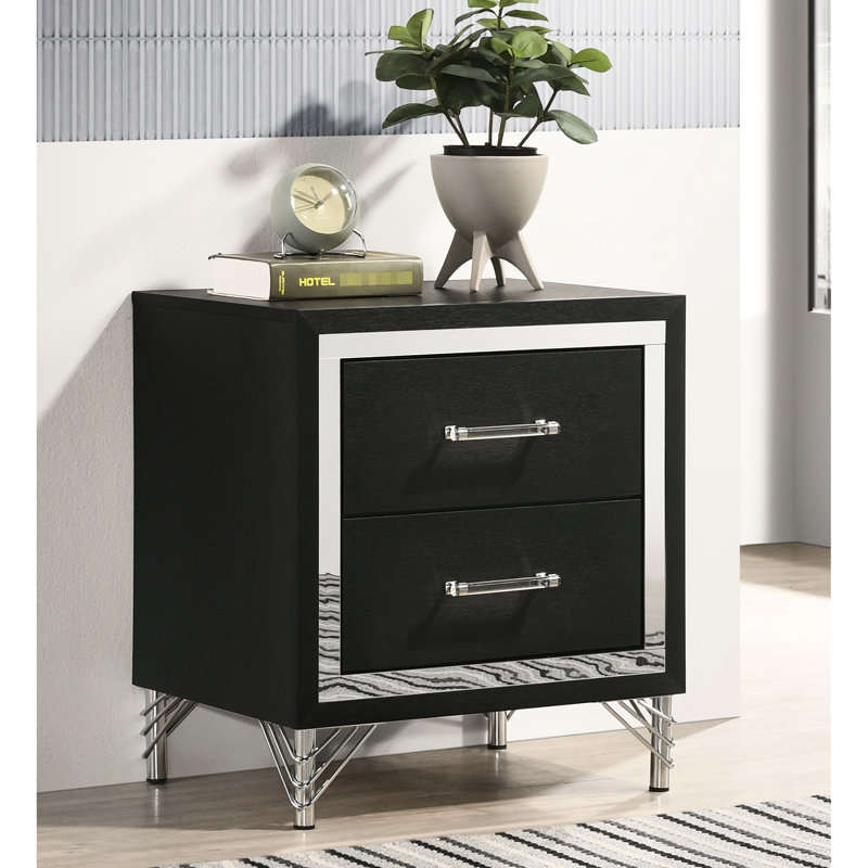 Table de chevet noire à 2 tiroirs pour le rangement de la chambre à coucher, avec finition, longues poignées de bar, pieds décoratifs et tiroirs anglais, table de chevet moderne de 24,5 po de hauteur
