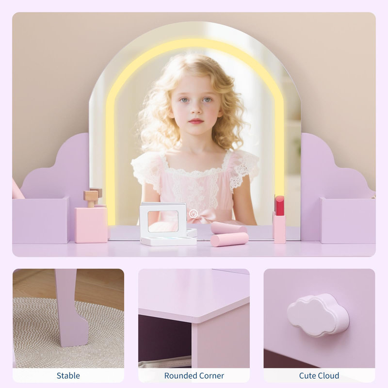 Kids Vanity Table and Chair Set, Girls Dressing Table with Storage Shelves & Drawer, Children Study Desk with Storage Grids