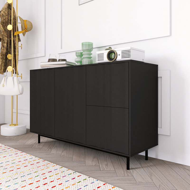 Armoire de rangement à motif de vagues avec 2 portes et 2 tiroirs, Noir