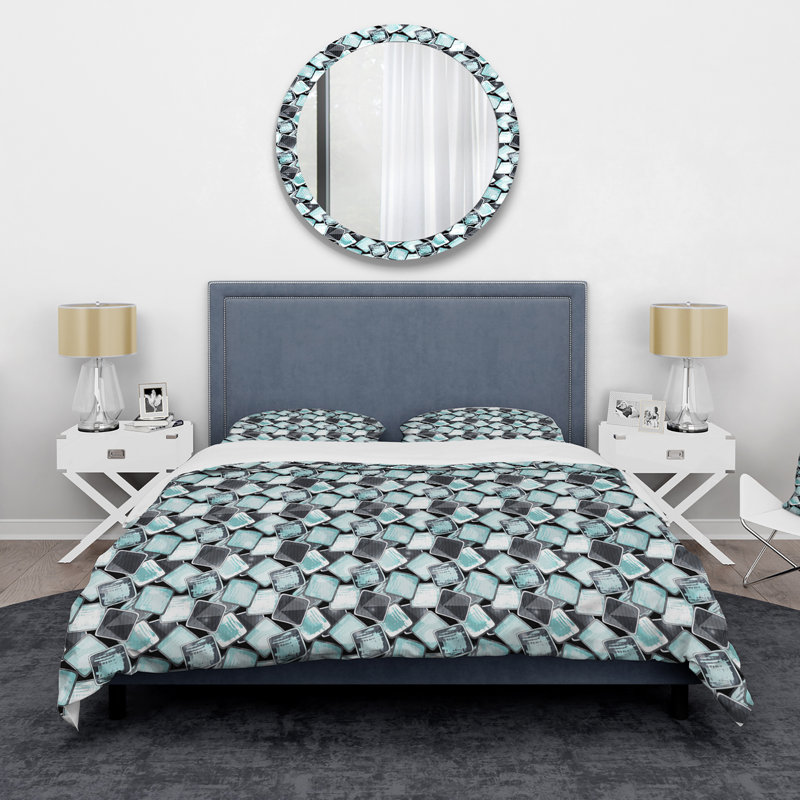 Carrés de graffiti turquoise et gris - Ensemble de housse de couette moderne - Microfibre de polyester