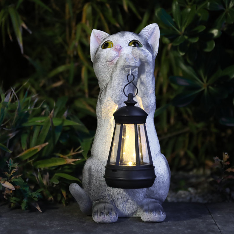 Statue de jardin pour chat 10 pouces avec lanterne solaire, statue solaire, décoration en résine pour patio, pelouse et espaces extérieurs