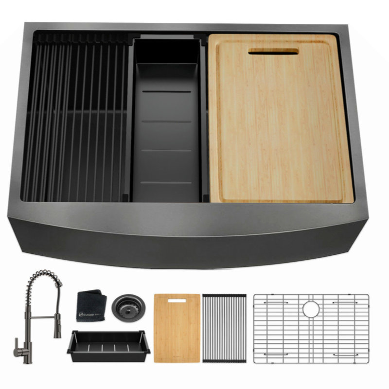 Gunmetal Black Stainless Steel Farmhouse Kitchen Sink with Faucet and Accessories