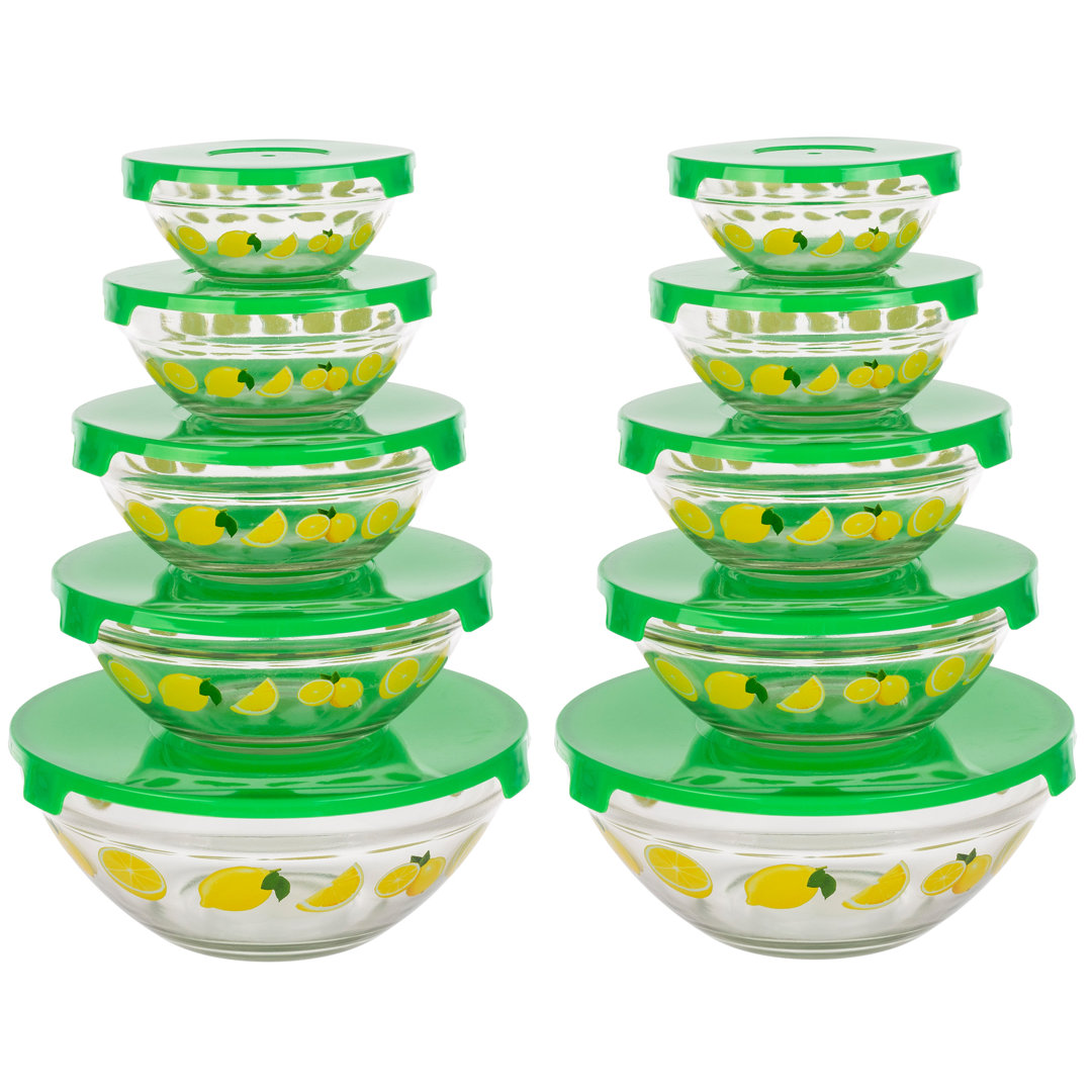 20-Piece Glass Bowls with Lids Set - Lemon Design Mixing Bowls Set with Multiple Sizes Classic Cuisine