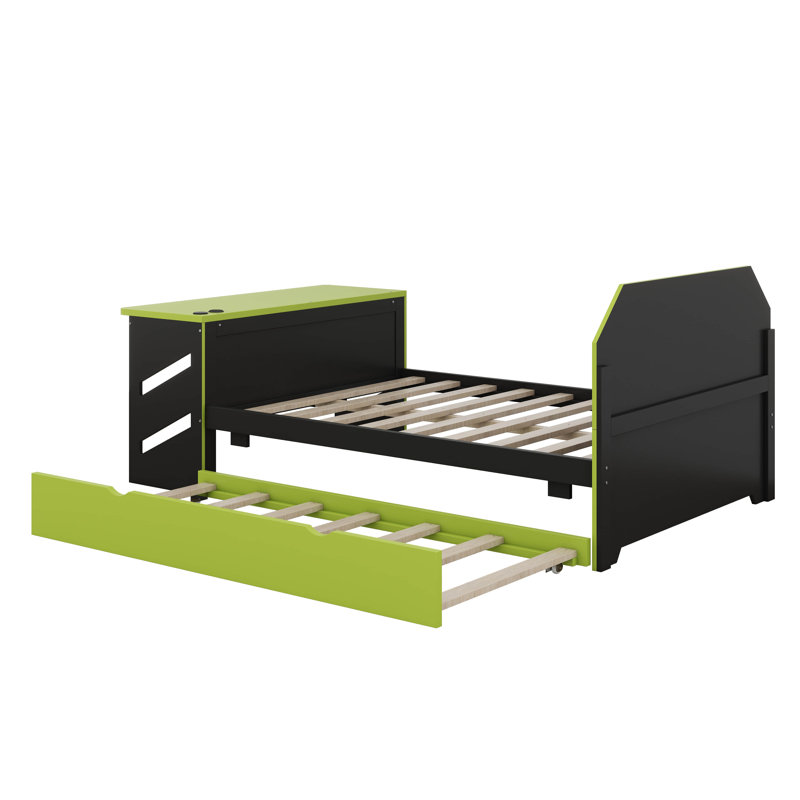Lit plateforme double avec bureau et lit gigogne simple, structure de lit de jour en bois avec port USB, Vert