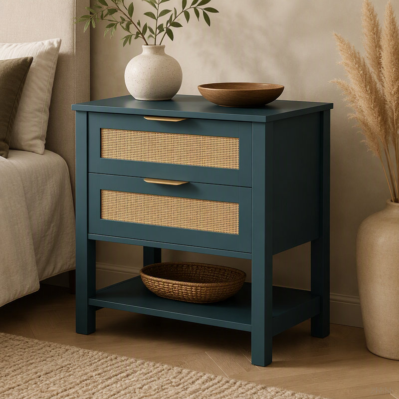 Table de chevet étroite en rotin avec 2 tiroirs et tablette de rangement Boho, Vert