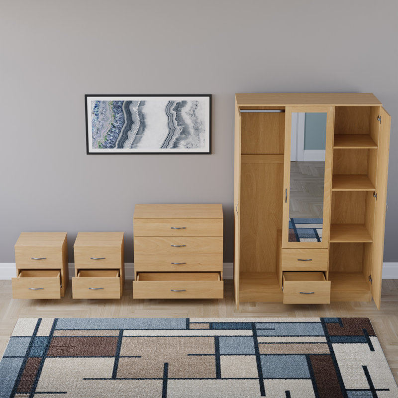 Tayce 4 Piece Bedroom Set (2 Drawer Bedside Chest, 4 Drawer Chest, 3 Door 2 Drawer Mirrored Wardrobe), Tan