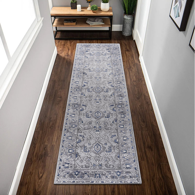 Tapis oriental gris / bleu en polyester / polypropylène tressé à la machine Besma, Tapis de couloir 2 pi 2 po x 8 pi