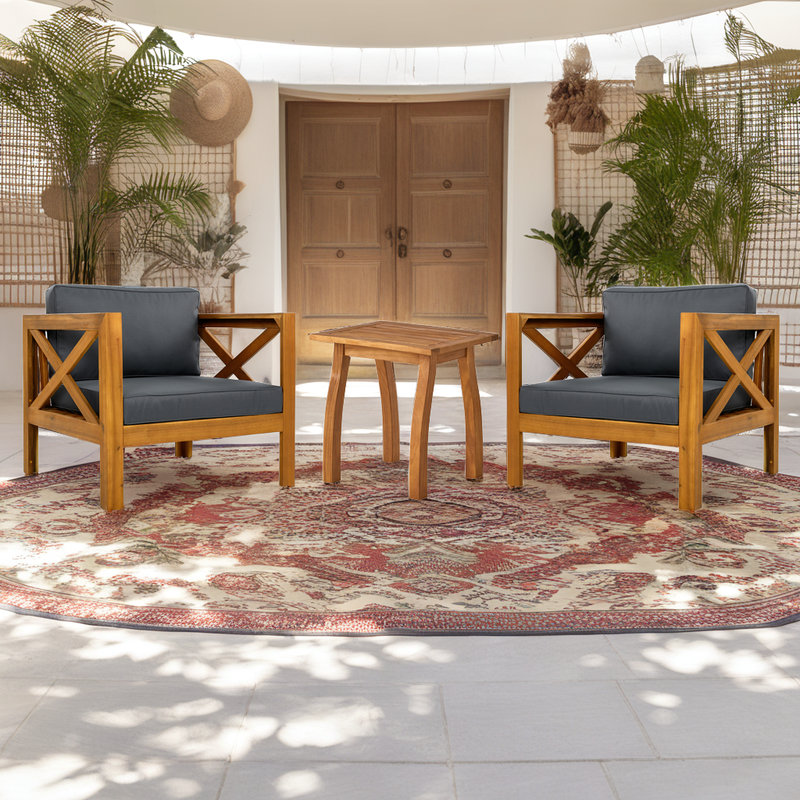 Ensemble de conversation de patio 3 pièces en bois d'acacia, 2 fauteuils club avec coussins résistants à l'eau, table d'appoint assortie