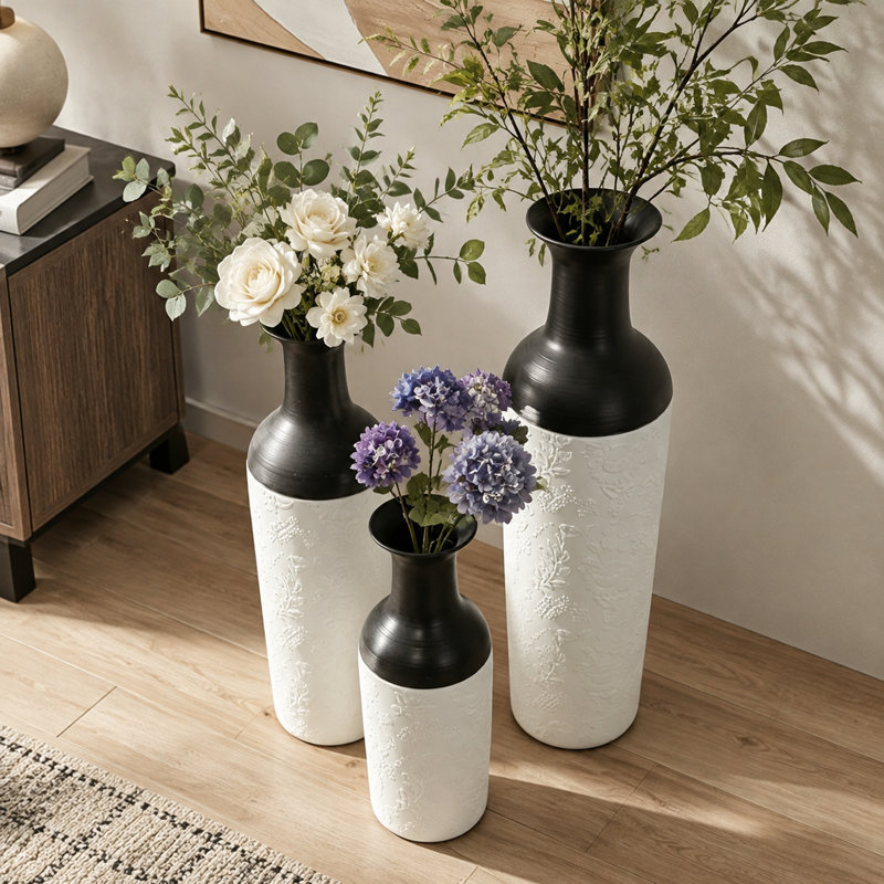 Ensemble de vases de plancher 3 pièces, Noir / blanc - motif floral