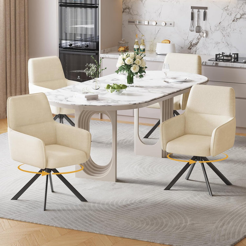 Chaise de salle à manger rembourrée pivotante à 360 ° en couleur unie avec accoudoirs Morden, Beige