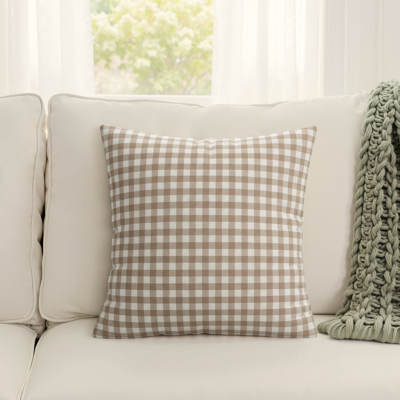 Arkins Plaid Cotton Throw Pillow, Feather, 18