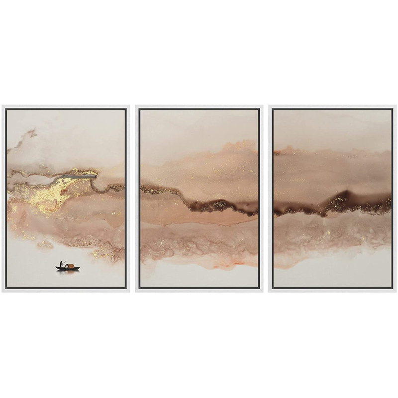 «Abstract Landscape Abstract Mountain Ocean», peinture sur toile flottante 3 pièces, H 24 po x l 48 po, Cadre blanc