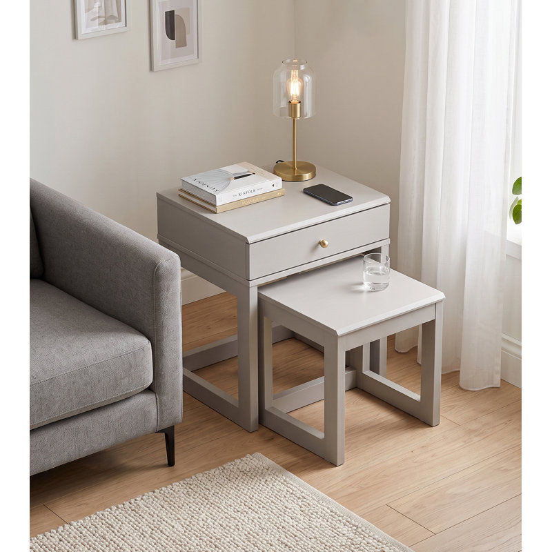 Limestone Tidore 2 Piece Nesting Bedside Table Set with Drawer, Light Grey