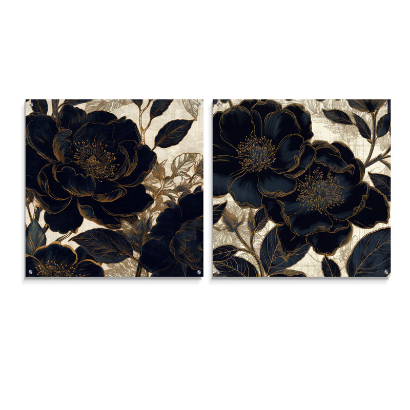 Blue Gold Peony Celebration I - ensemble de 2 peintures murales en acrylique, H 36 po x l 73 po