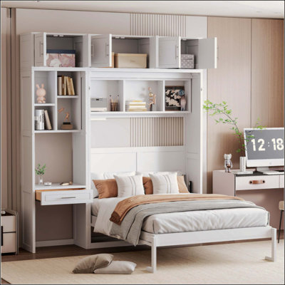 Lit escamotable mural avec bureau, armoire supérieure et tablettes de rangement, lit pliable peu encombrant