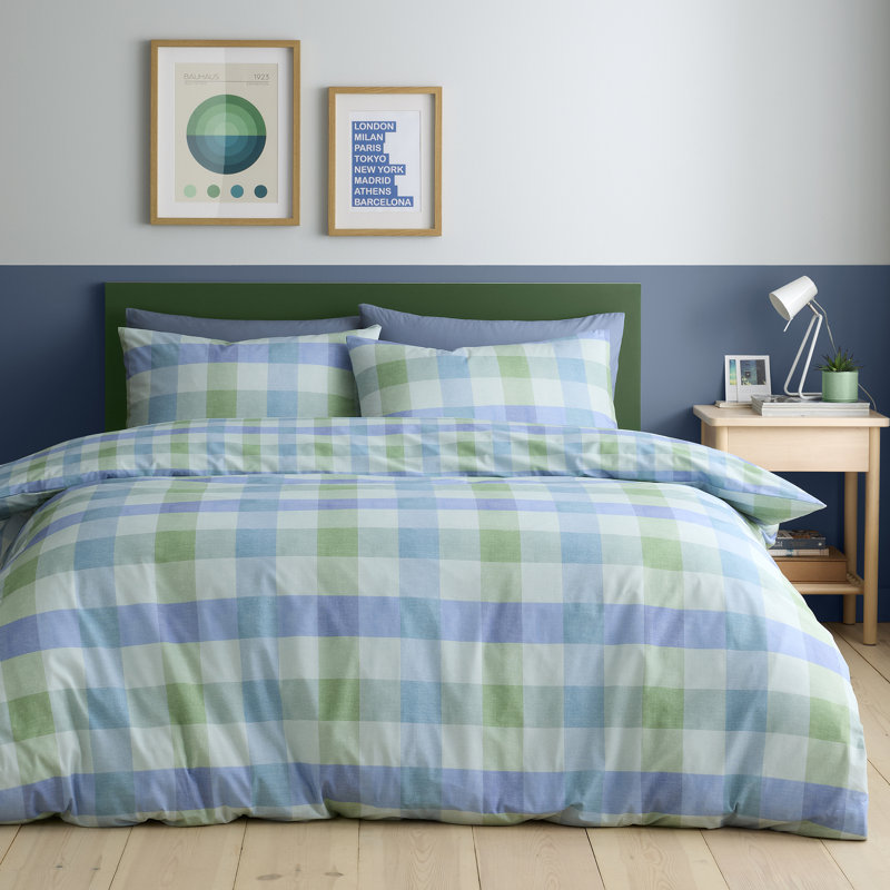 Block Check Cotton Blend Chequered Duvet Cover Set, Kingsize