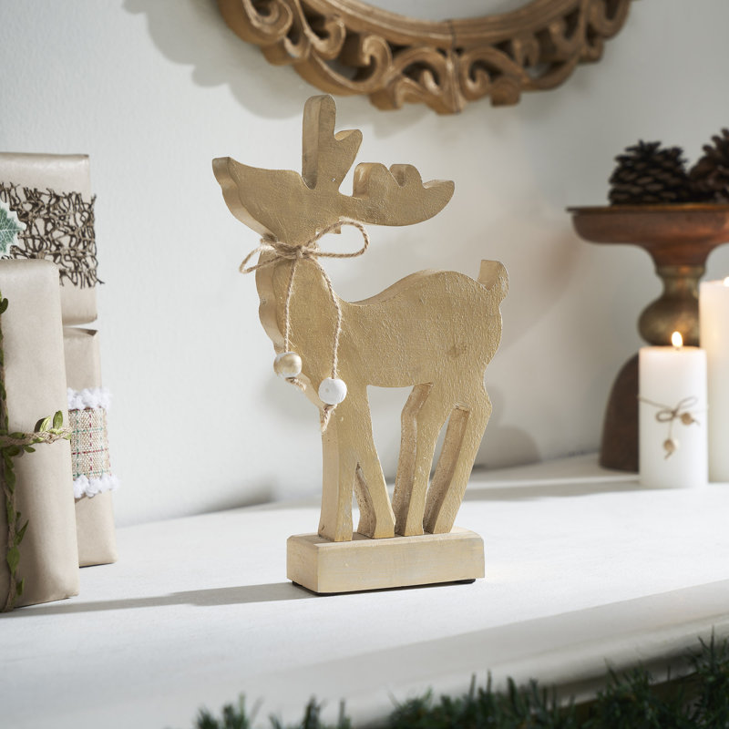 Joli cerf en bois doré brossé, H 16 po x l 10 po x P 2 po