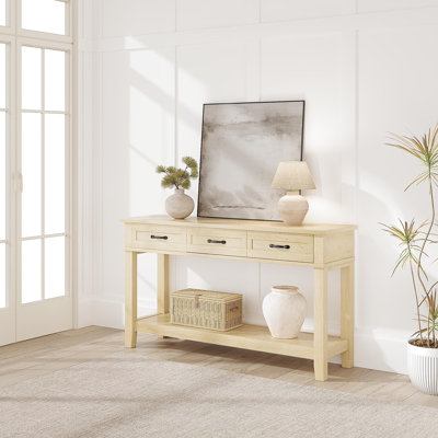 Farmhouse Console Table 54 Inch – 3 Drawers & Open Shelf, Narrow Entryway Table, Waterproof, Easy to Clean – Color: Light Oak