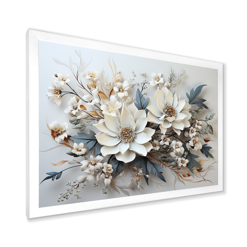 Fleurs saisonnières charme en hiver I - art mural de fleurs saisonnières, H 24 po x l 32 po x P 1 po, Cadre simple blanc