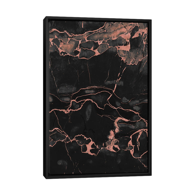 «Rose Gold on Black Marble», impression sur toile, H 26 po x l 18 po x P 1,5 po, Toile avec cadre noir, Pas de tapis