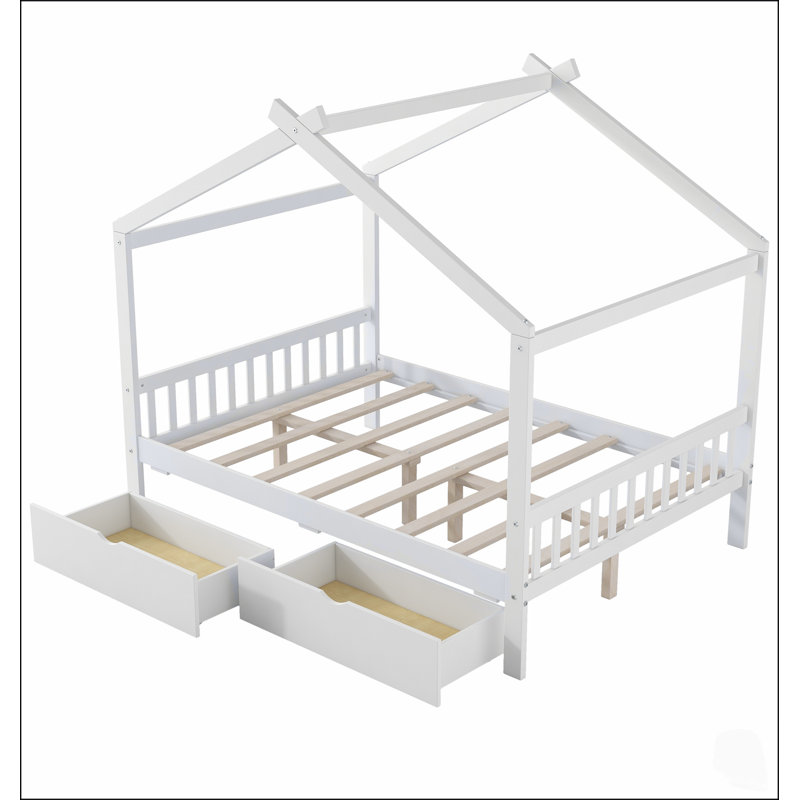 Lit plateforme robuste en pin avec deux tiroirs, tête de lit, pied de lit et conception de toit unique pour les chambres modernes