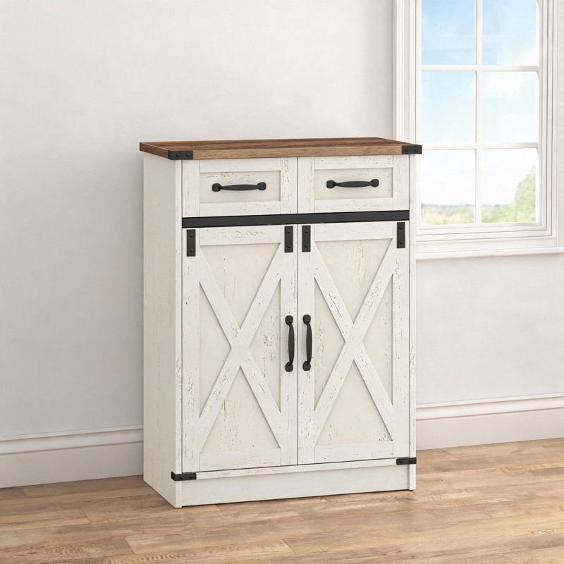 Bathroom Storage Cabinet, Freestanding Bathroom Floor Cabinet with Drawers & Doors, Farmhouse Buffet Cabinets with Adjustable Shelf, for Kitchen, Living Room, Entryway, White Brown