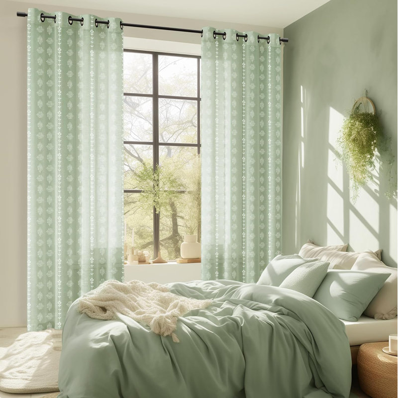 Neutral Curtains For Living Room,Floral Pattern Linen Sheer Country Boho Block Print Farm House Curtains 2 Panels Set, Green